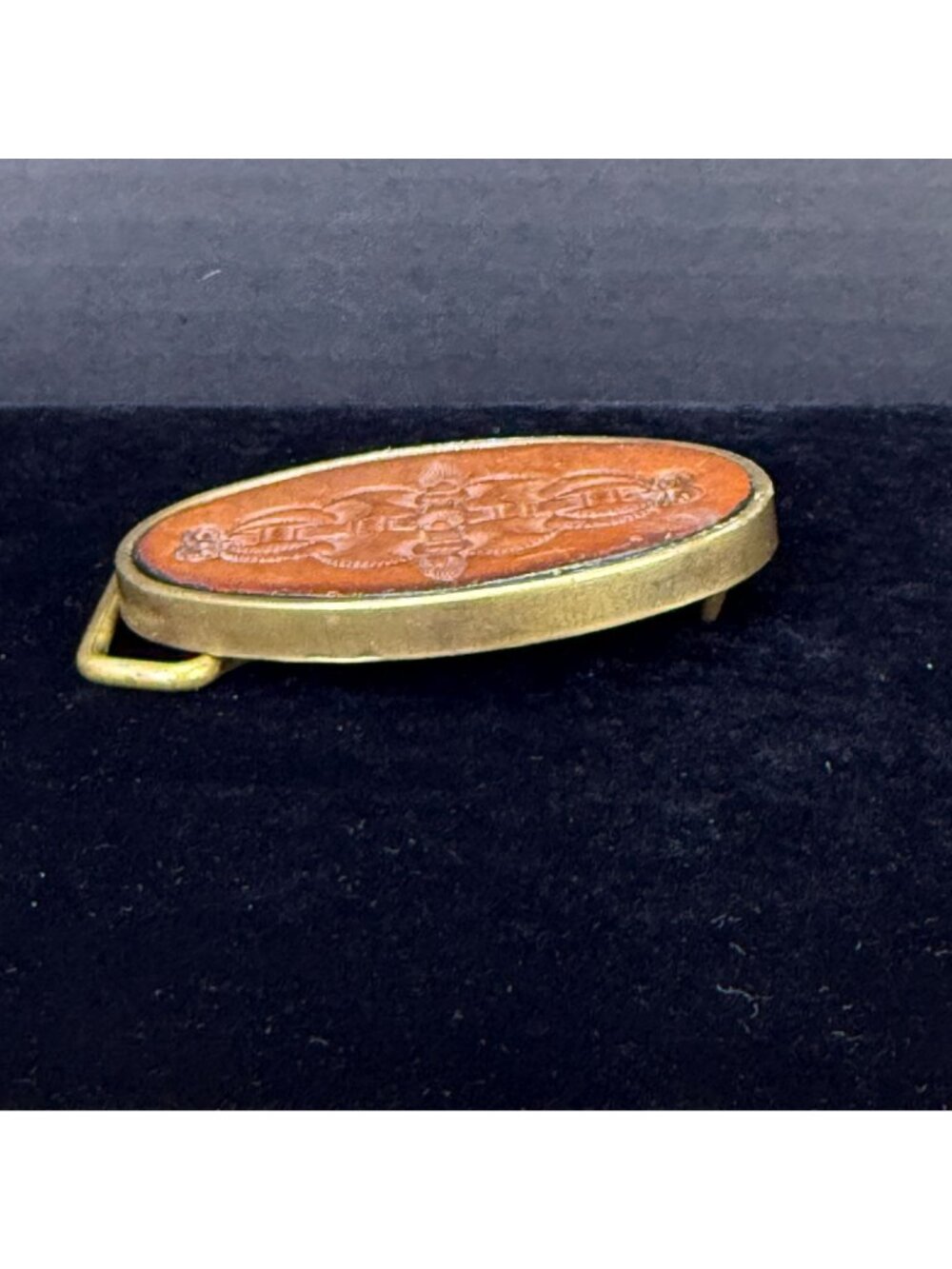 Vintage BTS Solid Brass & Leather Belt Buckle Oval Design Made In USA - Picture 2 of 10